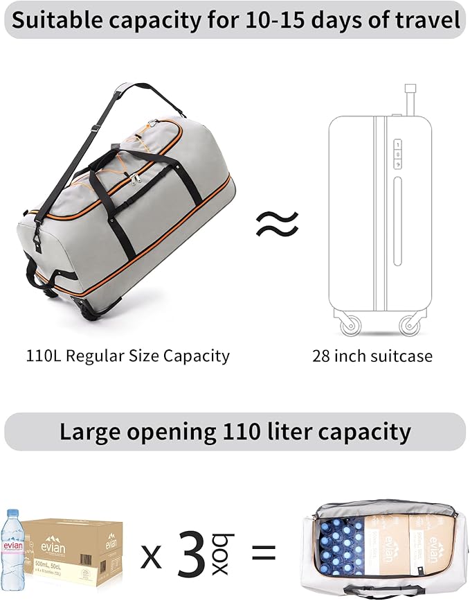 32" Soft-Sided Foldable Wheeled Travel Duffel Bag,Expandable 110L to 140L Rolling Cargo Bag with 2 Wheels and Multiple Pockets (001-Gray)