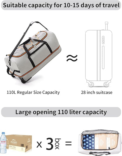 32" Soft-Sided Foldable Wheeled Travel Duffel Bag,Expandable 110L to 140L Rolling Cargo Bag with 2 Wheels and Multiple Pockets (001-Gray)