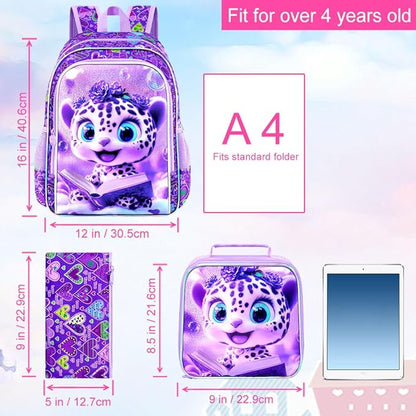 WZLVO 3PCS Kids Leopard Bookbag for Girls, 16" Glittery UV Printing Girls Backpack/School Bag with Lunch Box & Pencil Bag for Preschool to Elementary - Reading Leopard Purple
