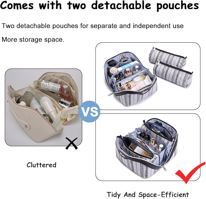 BOYATU Travel Makeup Bag for Women: Large Capacity Open Flat Make up Bag Set of 3 - Vegan Leather Cosmetic Bag with Compartments - Waterproof Toiletry Bag with Handle & Divider(I-2-Black)