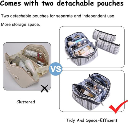 BOYATU Travel Makeup Bag for Women: Large Capacity Open Flat Make up Bag Set of 3 - Vegan Leather Cosmetic Bag with Compartments - Waterproof Toiletry Bag with Handle & Divider(I-2-Black)