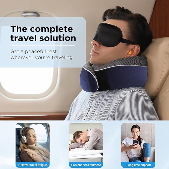 TALLGO Travel Neck Pillow, Best Memory Foam Airplane Pillow for Head Support Soft Adjustable Pillow for Plane, Car & Home Recliner Use (Blue)