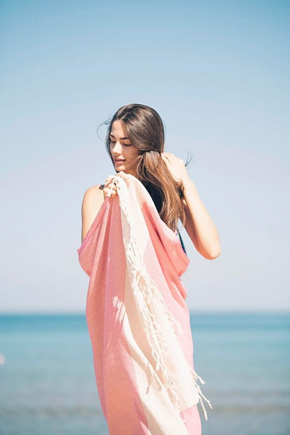 Bazaar Anatolia Turkish Beach Towel 100% Cotton Bath Towels 71x39 Quick Dry Sand Free Lightweight Large Oversized Herringbone Peach Coral