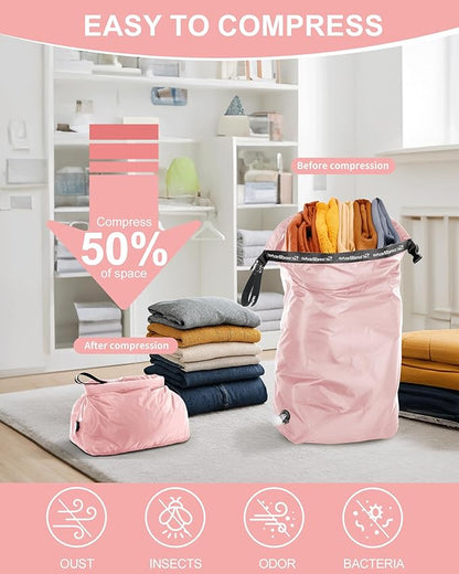 Travel Laundry Bag, Pump Free Vacuum Storage Bag Reusable Compression Dirty Clothes Travel Bag Waterproof Wet Dry Bags Large Capacity Space Saver Bags Camp Clothes Organizer (1 Pcs)(Pink, M)