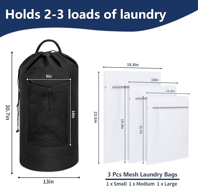 Laundry Bag Backpack with 3 Sizes Mesh Wash Bags and Shoulder Straps Foldable Clothes Hamper Bag with Drawstring Closure for College, Apartment, Laundromat (Black)
