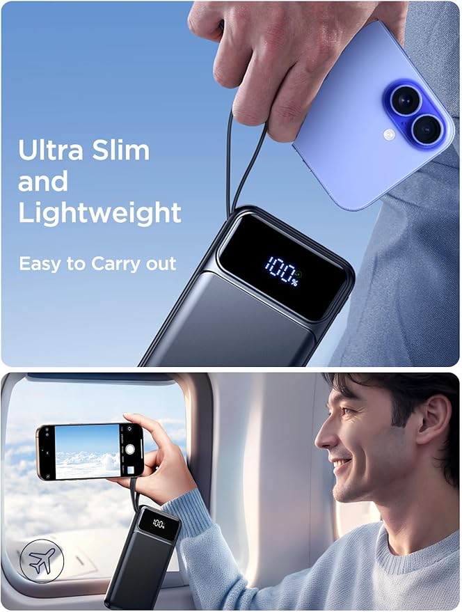 Power Bank, Portable Charger with Built in Cable 22.5W Fast Charging Battery Pack 10000mAh Slim 6 Outputs 3 Inputs LED Display Phone Charger for iPhone Samsung Pixel Moto iPad Travel Essential Gift