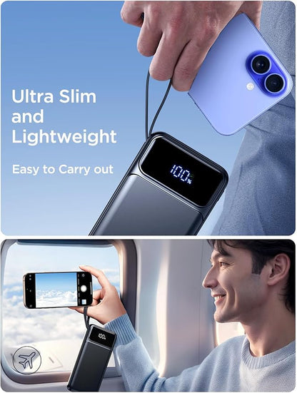 Power Bank, Portable Charger with Built in Cable 22.5W Fast Charging Battery Pack 10000mAh Slim 6 Outputs 3 Inputs LED Display Phone Charger for iPhone Samsung Pixel Moto iPad Travel Essential Gift