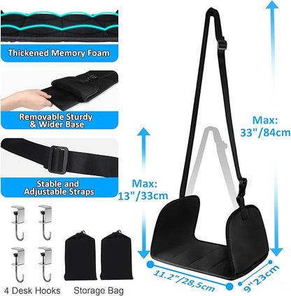 Airplane Foot Rest, Office Footrest Under Desk with 4 Hooks, Widen Airplane Footrest Flight Hammock Memory Foam Travel Foot Sling for Work Gaming Travel Essentials, Black
