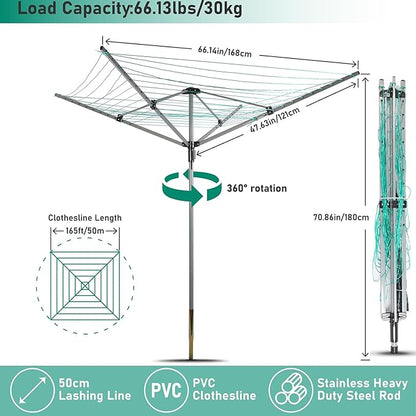 Umbrella Drying Rack Outdoor Umbrella Clothesline Rotary Retractable Clothes Line Adjustable Height 4 Arms Heavy Duty Clothesline Drying Rack 12 Lines with 165 Feet Clothes Line for Backyard