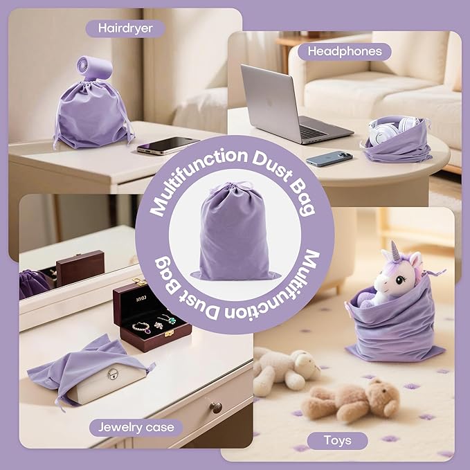 6 Pack Shoe Dust Bags, Velvet Drawstring Luxury Storage Bags for Shoes, Purses, Handbags & Cosmetics - Thick Dustproof Reusable Travel Organizer & Gift Pouch (Purple, 12 × 16 inches)