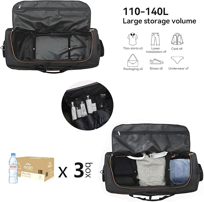 32” 1680D Oxford Foldable Duffle Bag with 2 Wheels,110L to 140L Expandable Soft Sided Rolling Travel Bag,Black-orange