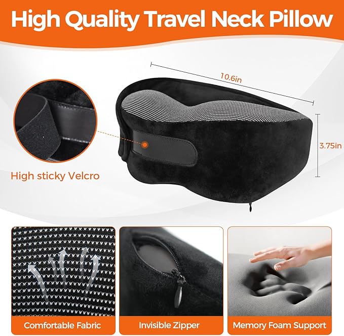 Memory Foam Neck Pillow for Airplane Travel - Ergonomic Support for Long Flights, Car Rides, Office & Home Use - Includes Contoured Eye Mask & Head Support - Adjustable Sizes M-L (Black)