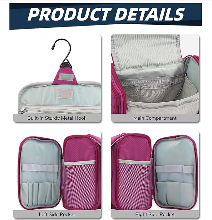 Buruis Large Capacity Waterproof Toiletry Bag for Women, Hanging Toiletry Organizer, 11"x 6.2"x 8.8", Fushcia