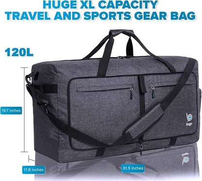 Bago Large Foldable Duffel Bags for Traveling Women & Men - 120L Packable Duffle Bag for Travel with Shoe Compartment - Water Repellant, Heavy Duty, Lightweight Folding & Collapsible (SnowBlack)