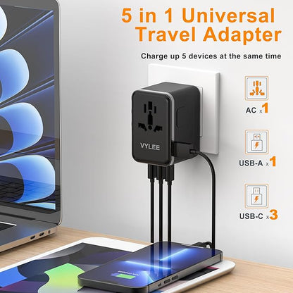 Universal Travel Adapter, VYLEE 45W International Plug Adapter with PD Fast Charging, 5-Port (1 AC/1 USB-A/3 USB-C), Wall Charger Worldwide Travel Essentials Plug for USA EU UK AUS Japan (Black)