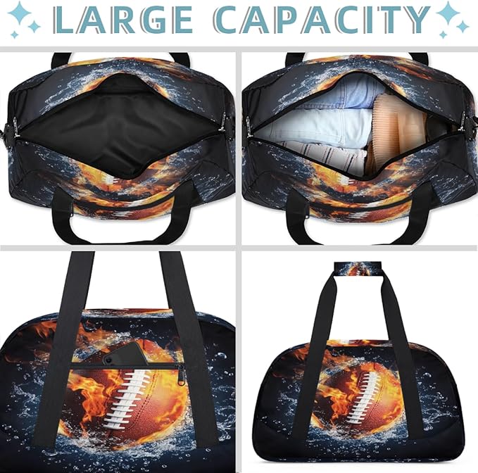Kids Duffle Bag Girls Boys Sports Fire And Water Football Weekender Overnight Bag,Lightweight Duffel Bags for Traveling Gym Sport Dance