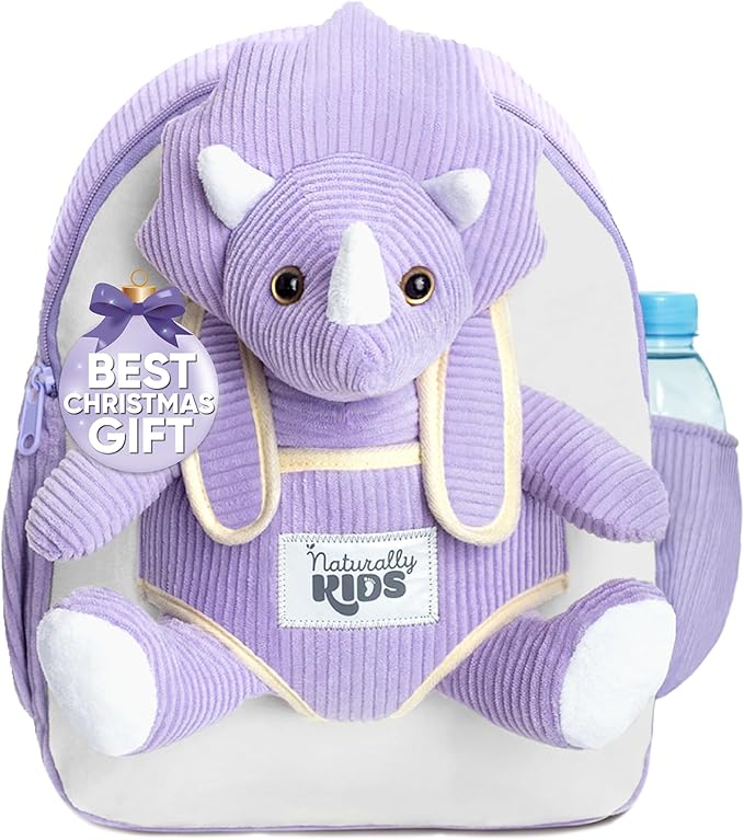 Naturally KIDS Purple Dinosaur Backpack for Girls 4-5, Triceratops Backpack, Dinosaur Gifts for 4-5 Year Old Girls