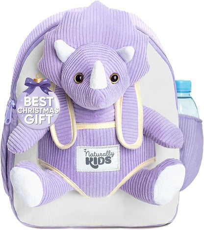 Naturally KIDS Purple Dinosaur Backpack for Girls 4-5, Triceratops Backpack, Dinosaur Gifts for 4-5 Year Old Girls