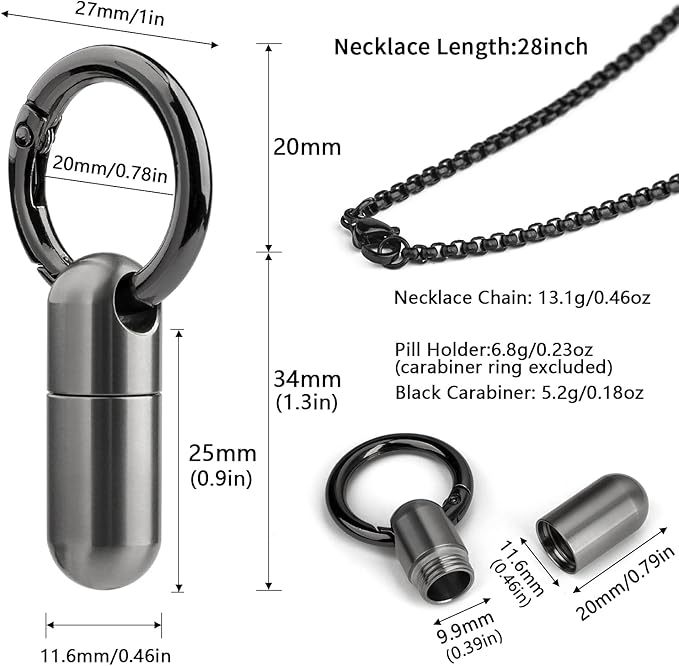 TISUR Titanium Pill Case with 28'' Necklace Chain,Micro Keychain Pill Holder.Waterproof Pill Fob for Emergency Aspirin & Nitroglycerin for Travel Purse Pocket