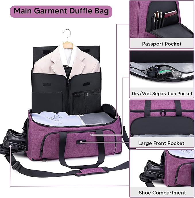 Convertible Garment Bag with Shoulder Strap, 58L capacity Garment Duffle Bags for Travel 4 in 1 Foldable Carry on Garment Bags Suit Bag with Shoes Compartment Garment Bag for Men Women,Purple