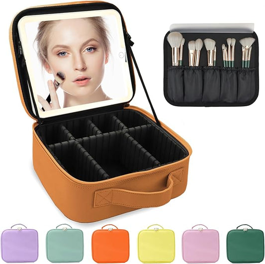 Travel Makeup Bag for Women and Makeup Artists Cosmetic Organizer Large Makeup Case,Travel Makeup Bag with Mirror 3 Color Setting,Portable Storage and Adjustable Dividers(light brown)