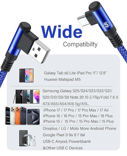 sweguard iPhone 16 Charger USB to Type C Cable 90 Degree [2-Pack,6.6FT] Fast Charging Cord for iPhone 16 15 Pro Max Plus Samsung Galaxy S25 S24 S23 S22 S21 S20 A54 A15 Note Flip LG Pixel Moto
