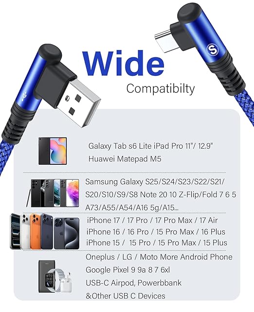 sweguard iPhone 17 Charger USB to Type C Cable 90 Degree [2-Pack,3.3FT] Fast Charging Cord for iPhone 17 16 15 Pro Max Plus Samsung Galaxy S25 S24 S23 S22 S21 S20 A54 A15 Note Flip LG Pixel Moto