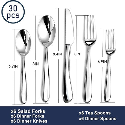 Heavy Duty Silverware Set for 6, 30 Piece Premium Stainless Steel Flatware Utensils Cutlery Set Including Steak Knife Fork and Spoon, Dishwasher Safe, Gift Package for Wedding Housewarming
