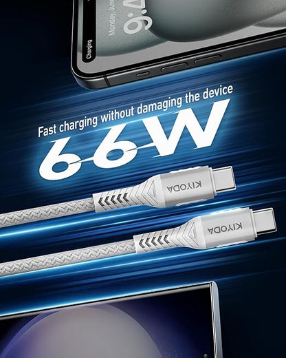 Coiled USB C to C Cable for Car 3ft,2Pack Braided USB Type C Cable for Car 66W Fast Charging Cord Compatible with iPhone 17 16 15, iPad, Samsung Galaxy, Google Pixel, Moto, LG, TCL Phones-Silver