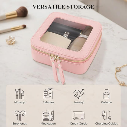 Clear Makeup Bag, Travel Toiletry Bag Cosmetic Case for Women, Waterproof Portable Small Make Up Skincare Pouch with Zipper, Compact Car Organizer Bag for Essentials, Mini Size, Pink