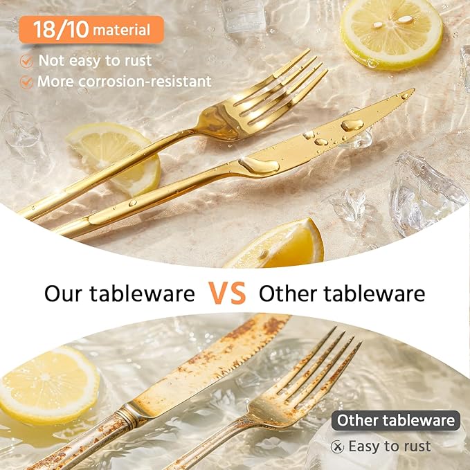KINGSTONE Silverware Set, 20-Piece Flatware Set Cutlery Set Premium 18/10 Stainless Steel, Tableware Include Forks Knives Spoons for Home Kitchen Restaurant Wedding, Dishwasher Safe, Gold