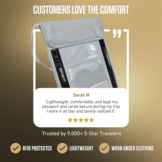 VENTURE 4TH Neck Wallet, RFID Blocking Passport Holder for Travel – Hidden Neck Pouch with 6 Compartments, Slim Lightweight Organizer with Adjustable Strap for Cash, Cards & Passport (Silver)