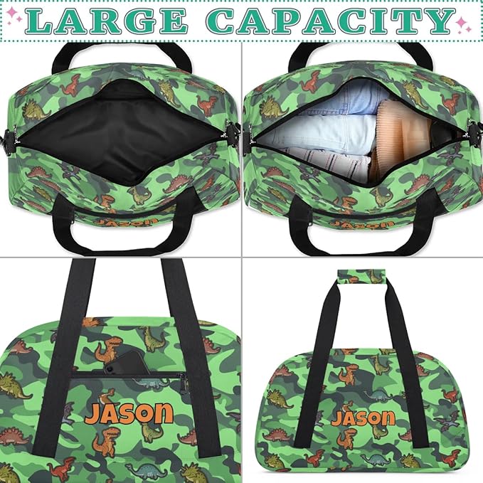 Personalized Duffel Bag for Kids Girls Boys, Cartoon Dinosaurs Custom Name Gym Bag Overnight with Padded Handles Carry On Weekend Sports Travel Bag for School Practice Gymnastics Ballet