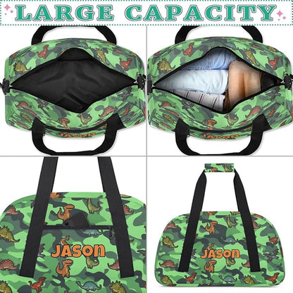 Personalized Duffel Bag for Kids Girls Boys, Cartoon Dinosaurs Custom Name Gym Bag Overnight with Padded Handles Carry On Weekend Sports Travel Bag for School Practice Gymnastics Ballet