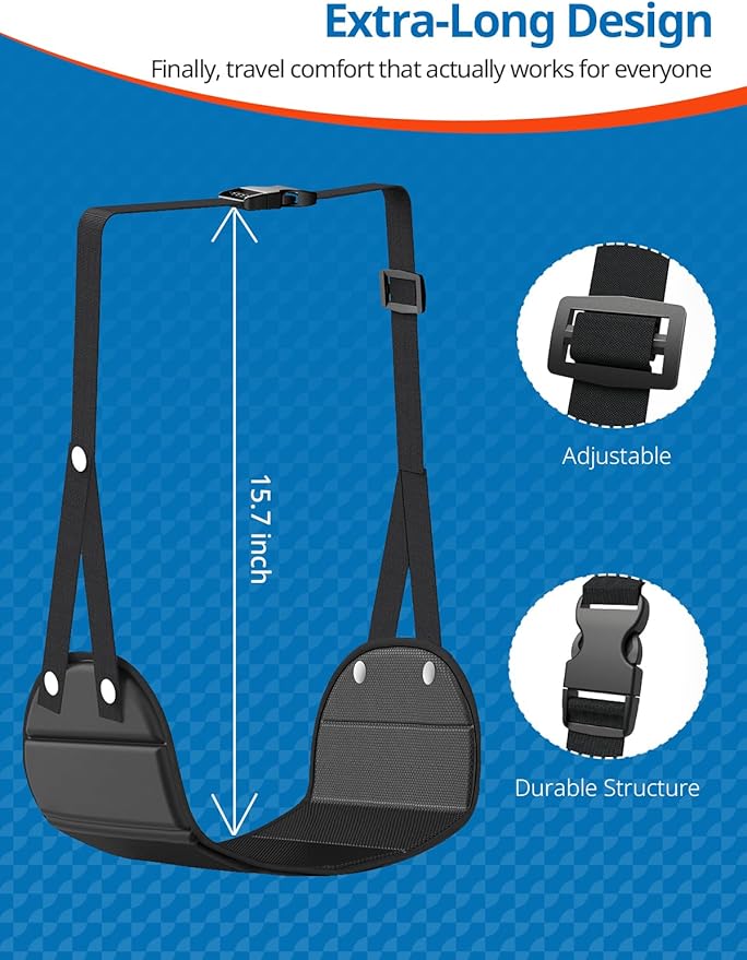 2 Pack Airplane Foot Hammock, Portable Travel Feet Rest Leg Relief, Ergonomic Hanging Sling for Long Flight,Car, Office Home, Comfort Support Travel Essentials, Black