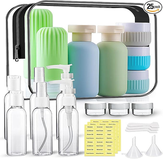 Travel Bottles for Toiletries, 25 Pack TSA Approved Travel Size Containers for Toiletries, Leak Proof Refillable & Squeezable Toiletry Bottles Kit with Clear Bag for Shampoo Lotion Cream Conditioner