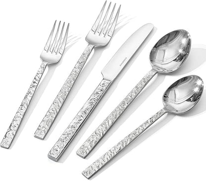 KINGSTONE 20 Pcs Hammered Silverware Set for 4, 18/10 Stainless Steel Heavy Duty Flatware Set, Tableware Cutlery Utensil Sets for Home Restaurant Dishwasher Safe