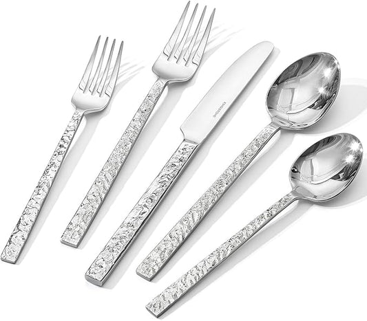 KINGSTONE 20 Pcs Hammered Silverware Set for 4, 18/10 Stainless Steel Heavy Duty Flatware Set, Tableware Cutlery Utensil Sets for Home Restaurant Dishwasher Safe