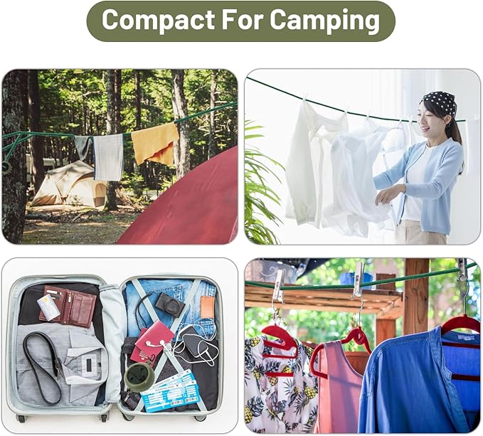 Portable Travel Clothesline Cord, Caudblor Adjustable 33ft Camping Clothes line, Laundry Drying Rope for Hotel Trip, Cruise, Outdoor/Indoor, with 12Pcs Stoppers, Windproof Clothespins