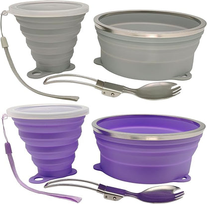 Mess Kit for Camping Silicone Collapsible Bowl Collapsible Cup and Stainless Steel Spoon for Backpacking Outdoor Hiking Traveling and Picnic - 2 Pack