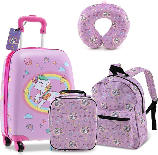KOTEK Kids Luggage, 5 Piece Suitcase Set, 16” Hardside Spinner Luggage with Wheels, Toddler Carry on Luggage Airline Approved, Travel Rolling Suitcase for Boys Girls (Pink Unicorn)