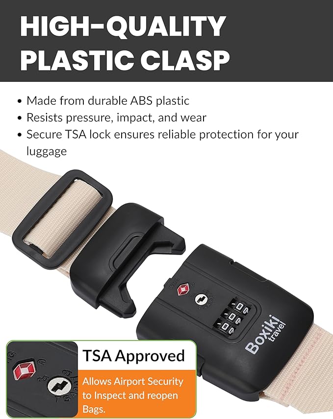 TSA Approved Luggage Straps – Set of 2 Anti-Burst Adjustable Polyester Suitcase Belts with 3-Dial Combination Lock – Prevents Accidental Opening, Secure Travel (Beige)
