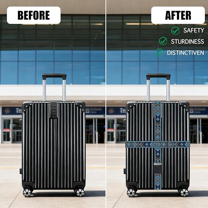 Nuxovilar Luggage Straps of 2 Set Blue and Gray Ethnic Geometric Pattern, Durable Material 1.96 * 70.86 Inches for Suitcases, Travel Decor for 22-28 Inch Luggage, Great for Cultural Trips