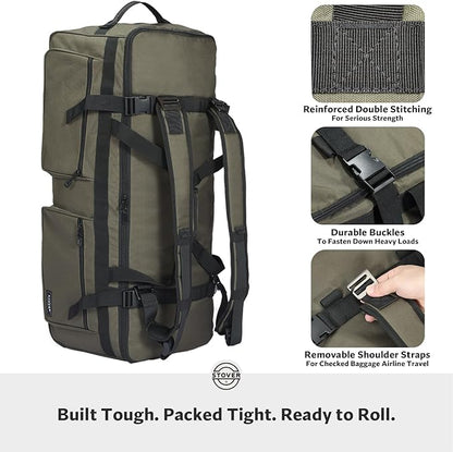 STOVER 100L U-Zip Rolling Duffel Bag with Wheels, X-Large Durable Travel Duffle + Toiletry Bag, Heavy Duty, Lay-Flat Opening, Packable w/Shoulder Straps- Use as Luggage or Backpack, Men/Women (Green)