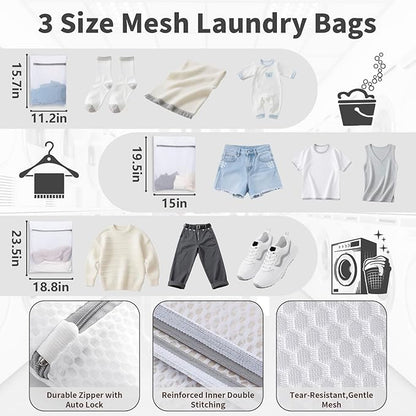Laundry Bag Backpack with 3 Sizes Mesh Wash Bags and Shoulder Straps Foldable Clothes Hamper Bag with Drawstring Closure for College, Apartment, Laundromat (White)