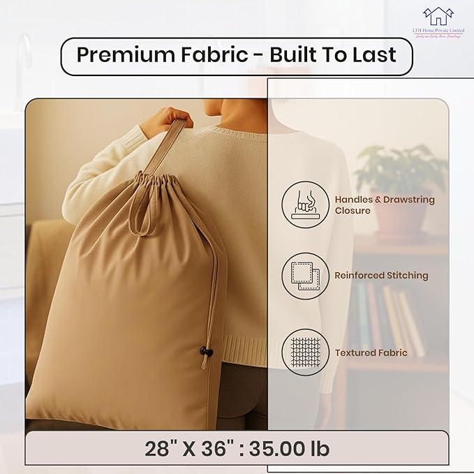 LFH Home Large Premium Cotton Canvas Laundry Bag with Drawstring and Handles Heavy Duty, Multi-Use, and Washable for Home, Travel, College or Storage 28x36 (Pack of 2)-Beige