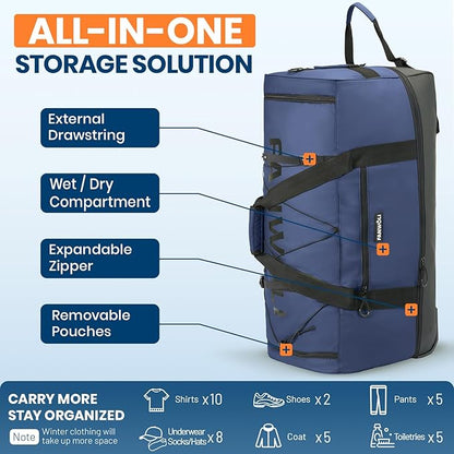 Fanwoli 30'' Large Rolling Duffle Bag with 2 Wheels - No-Sag Design for Heavy Loads, Expandable 100L-120L Duffel Wheeled Luggage with Soft Handle & Lock, Waterproof Foldable for Travel, Camping,Moving