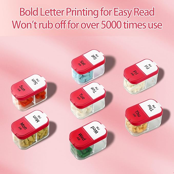 Daviky Extra Large Pill Organizer 2 Times a Day, Am Pm Pill Organizer 7 Day, Pill Box 7 Day to Hold Daily Medicine Vitamin and Supplements for Elders, Arthrtic Patients and Kids (Red)