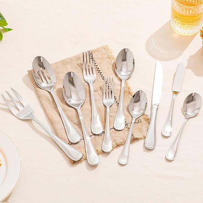 KINGSTONE 65 Piece Teardrop Silverware Set With Serving Utensils, 18/10 Stainless Steel Flatware Set, Modern Design Cutlery Set for Home/Hotel/Wedding,Mirror Polished and Dishwasher Safe