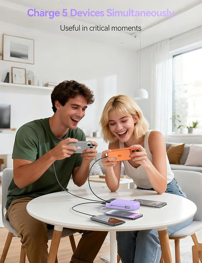 Portable Charger Power Bank Built-in Cables, 32000mAh 22.5W USB C Fast Charging, 5 Outputs 3 Inputs Travel Essentials Battery Pack Compatible with iPhone, iPad, Samsung, Google Pixel, Purple